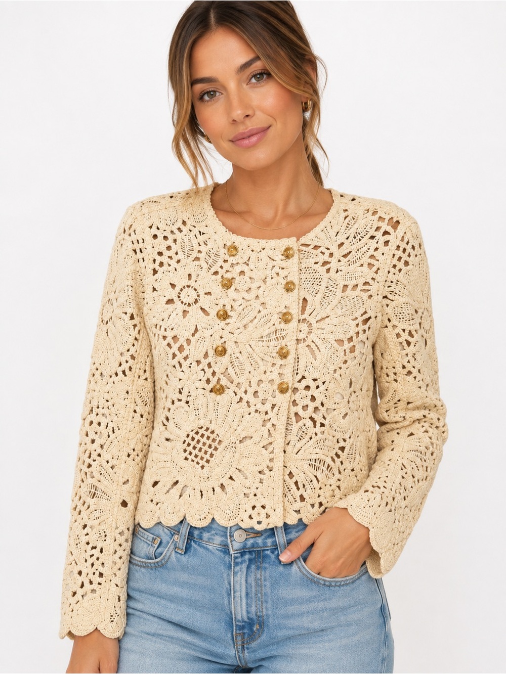 Sam Edelman Cream Crochet Lace Cardigan Jacket Gold Buttons Size Small